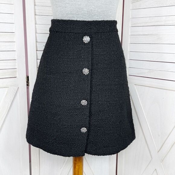 H&M Tweed A Line Skirt Rhinestone Faux Buttons Black 8 - Picture 1 of 14